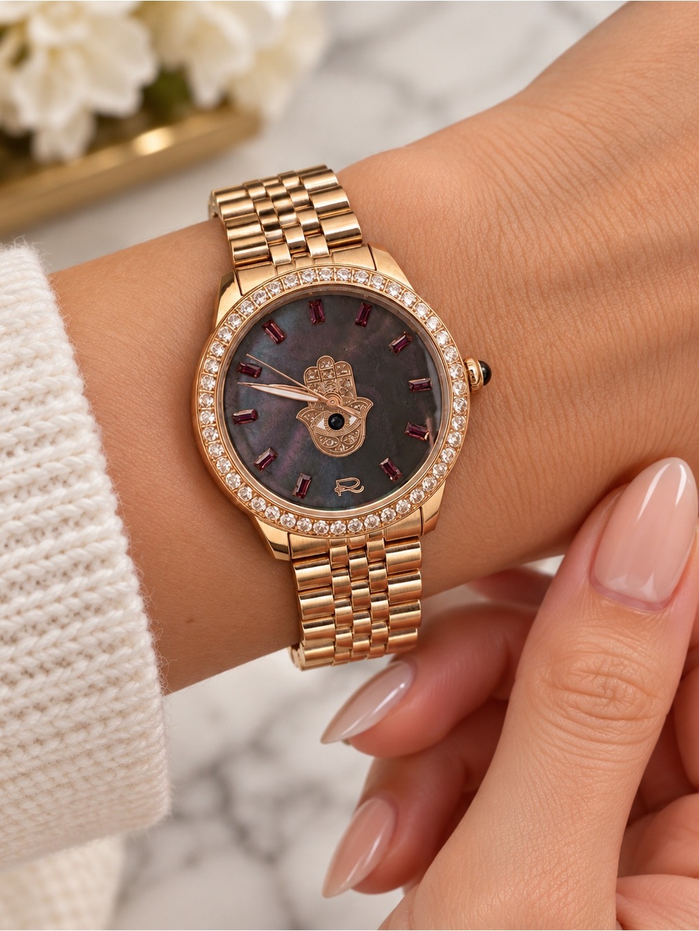 Rarities by Carol Brodie Stainless Steel Mother of Pearl Hamsa Watch